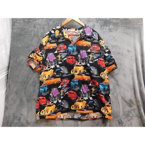 VTG Air-Cadia Shirt Mens 54 2XL Black Cotton SS Button Up Classic Cars Print AOP